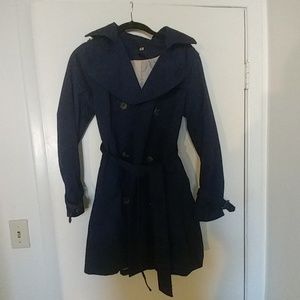 H&M cinch waist dark blue coat with buttons
